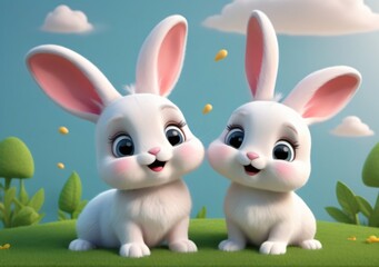 Childrens Illustration Of 3D Illustration Of Cute Cartoon Rabbits Looking Up,