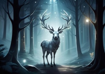 Childrens Illustration Of Silver Glowing Magical Stag In Dark Forest