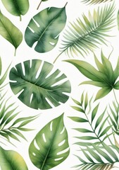 Watercolor Illustration Of Tropical Leaves Isolated On White Background