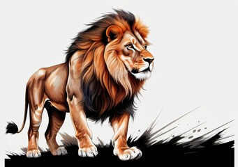 Obraz premium Childrens Illustration Of Impressive Lion Predatory Beast Color Painting Motif, Cool T-Shirt Pattern For Printing, Animal That Hunts Its Prey And Eats Its Meat. , Isolated On Black Background