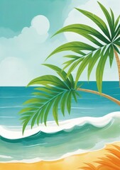 Fototapeta na wymiar Childrens Illustration Of Palm Leaf And The Sea. Summer Concept Painting.