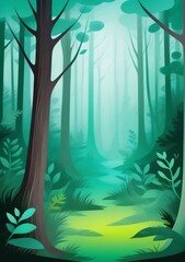 Childrens Illustration Of Art Misty Green Dense Forest, A Gloomy Dream In The Wild Thicket Of The Forest