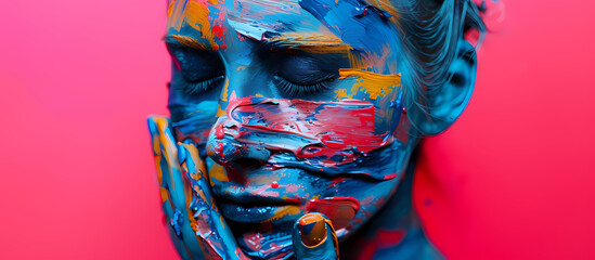 A colorful portrait of a beautiful young girl who has a face with modern, urban make-up and the whole face painted in vivid colorful paint. Generated AI  	
