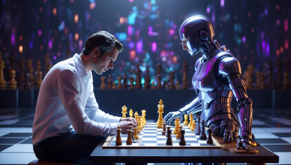 A human plays chess against a robot - obrazy, fototapety, plakaty