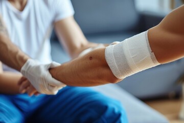 Close-up of injured man with bandage on arm and nurse - obrazy, fototapety, plakaty
