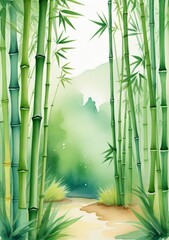 Childrens Illustration Of Bamboo Forest Background, Watercolor Illustration