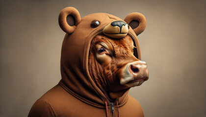 Bull stock market mascot disguised in a bear costume for halloween - obrazy, fototapety, plakaty