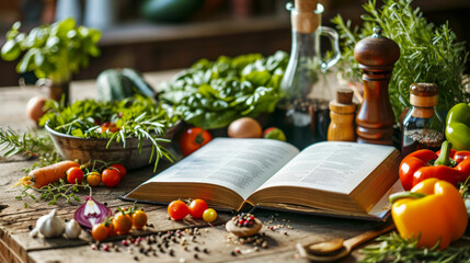 Recipe book, surrounded by ingredients, still life