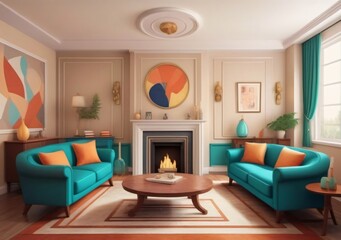 Childrens Illustration Of Classic Art Deco Style Home Interior Design Of Modern Living Room.