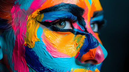 A colorful portrait of a beautiful young girl who has a face with modern, urban make-up and the whole face painted in vivid colorful paint. Generated AI  	
