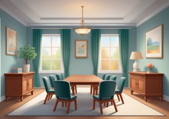 Childrens Illustration Of Elegant Conference Room Interior With Table And Chairs, Sideboard And Window