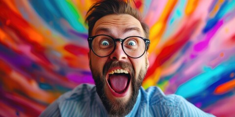 Excited happy optimistic entrepreneurs owner's face with a vibrant, colorful background