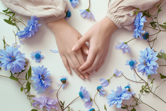 The beauty of blue flowers lies next to and around the hands of a woman in a light summer dress. Creative beauty photos of girls sitting at the table, fashion art