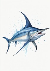 Watercolor Illustration Of A Blue Marlin Fish Isolated On White Background