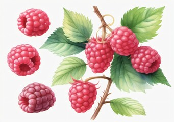 Childrens Illustration Of Hand Drawn Watercolor Raspberries Isolated On White.