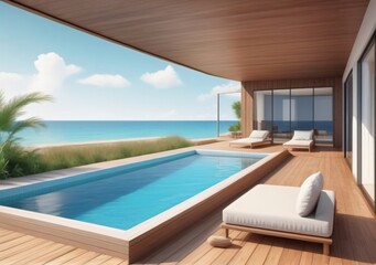 Fototapeta premium Childrens Illustration Of Luxury Beach House With Sea View Swimming Pool And Terrace In Modern Design. Empty Wooden Floor Deck At Vacation Home. 3D Illustration Of Contemporary Holiday Villa Exterior.