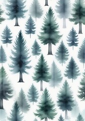 Obraz premium Watercolor Illustration Of A Seamless Pattern With Foggy Spruce Forest Isolated On White Background