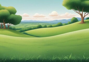 Childrens Illustration Of A Large Field Of Green Grass With Hills In The Background And Trees On The Other Side Of The Field In The Foreground.
