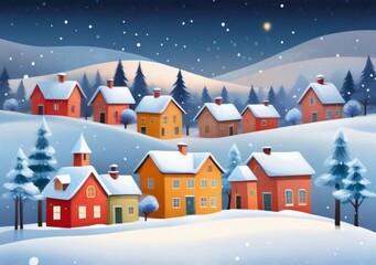 Childrens Illustration Of Christmas. New Year Card Illustration Winter Landscape Small Houses In The Snow, Postcard Winter View Abstract Small Town Or Village
