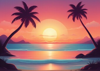 Fototapeta na wymiar Childrens Illustration Of Serene Beach Sunset With Atmospheric Gradients Isolated Vector Style Illustration