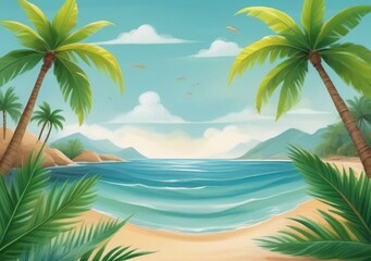 Fototapeta na wymiar Childrens Illustration Of Palm Leaf And The Sea. Summer Concept Painting.