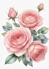 Watercolor Illustration Of A Vintage Card, Watercolor Wedding Invitation Design With Pink Rose Isolated On White Background