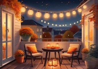 Childrens Illustration Of View Over Cozy Outdoor Terrace With Outdoor String Lights. Autumn Evening On The Roof Terrace Of A Beautiful House With Lanterns
