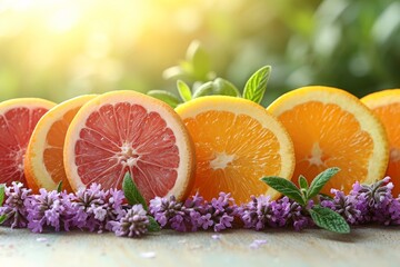 Sliced Oranges and Grapefruits with Lavender Sprigs. - Powered by Adobe