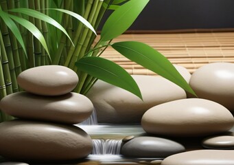 Childrens Illustration Of Stream Stones And Bamboo Shoots Feng Shui Spa. ,