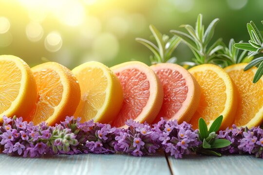 Sliced Oranges and Grapefruits with Lavender Sprigs