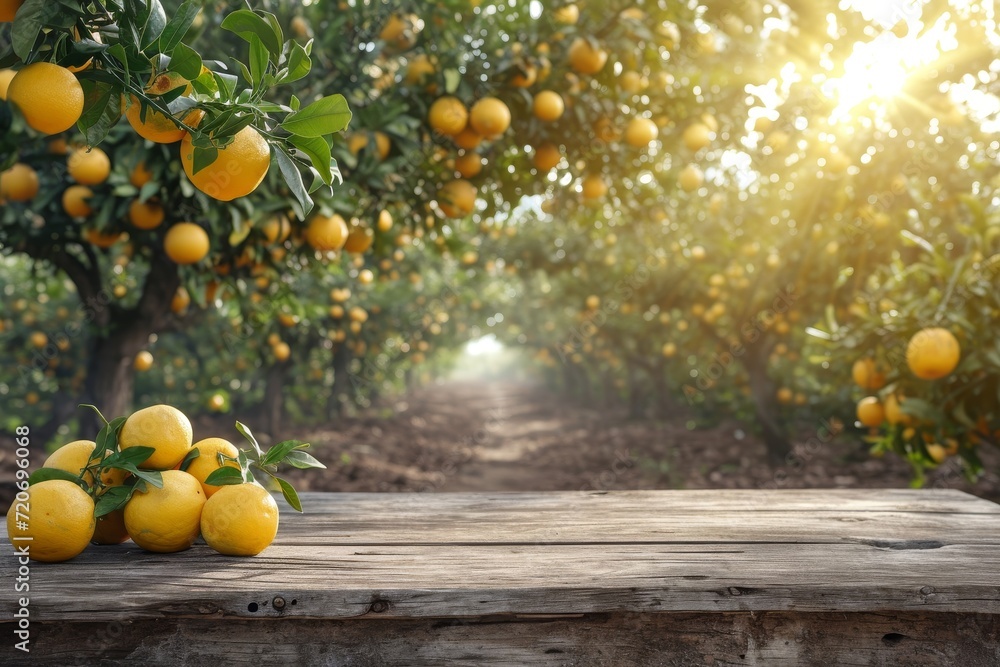 Poster citrus garden background with empty wooden table top in front for product promotion