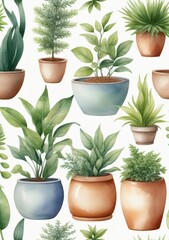 Watercolor Illustration Of A Collection Of Beautiful Plants In Ceramic Pots Isolated On White Background