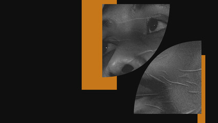 Artistic poster focusing on human stories and emotions. Image with orange geometric shapes and monochrome human facial features against black background. Modern aesthetics. Banner. Social equality