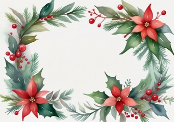 Childrens Illustration Of Christmas Floral Frame. Winter Greenery Border Png. Holiday Greeting Card Template. Hand Painted Watercolor Illustration