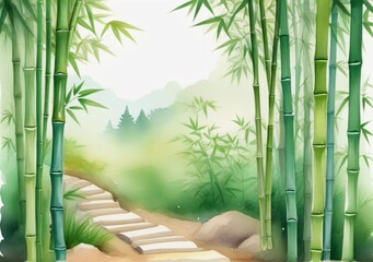 Childrens Illustration Of Bamboo Forest Background, Watercolor Illustration