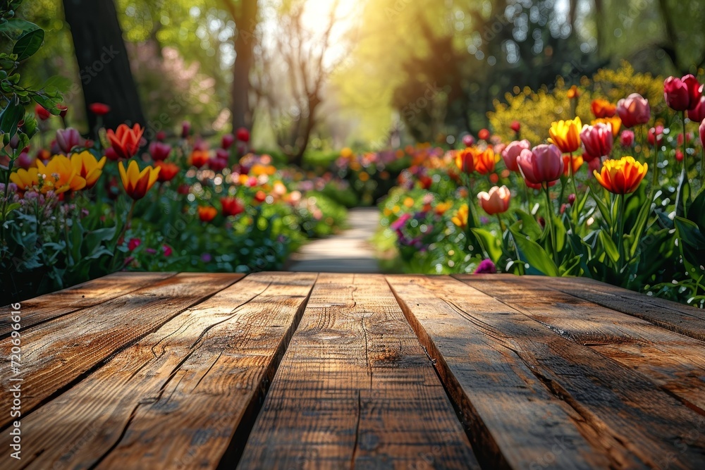 Poster spring tulip flowers garden background with empty  table top in front for product promotion, sunlight soft background