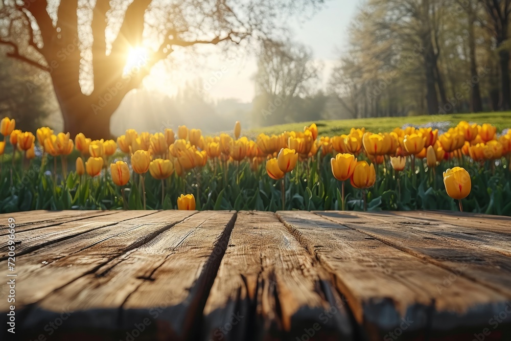Poster spring tulip flowers garden background with empty  table top in front for product promotion, sunlight soft background