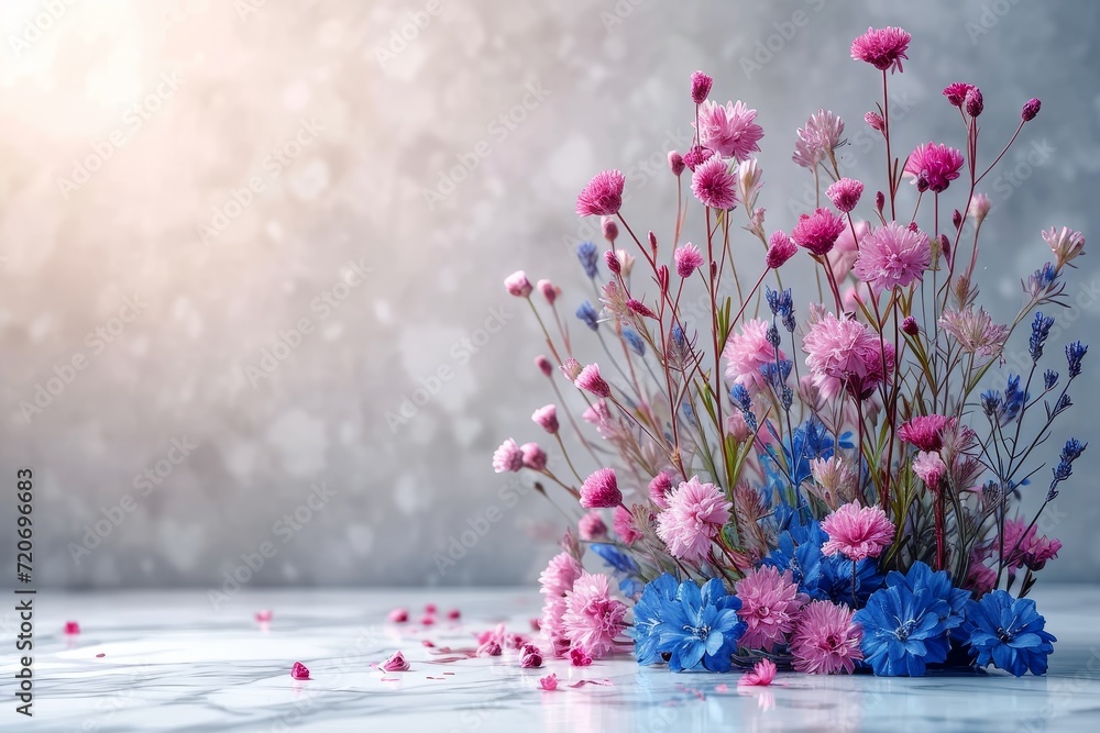 Wall mural A vibrant collection of various flowers beautifully arranged in a bunch and placed on a table.