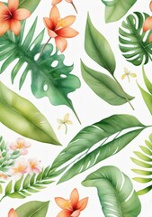 Watercolor Illustration Of A Watercolor Of Tropical Spring Floral Green Leaves And Flowers Isolated On White Background