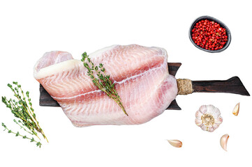 Fresh raw white fish fillet Pangasius with spices.  Isolated, Transparent background. 
