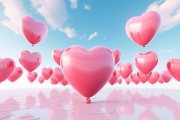 Glossy Pink Heart Balloons Floating Serenely