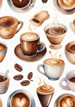 Watercolor Illustration Of A Set With Cups Of Hot Aromatic Espresso Coffee Isolated On White Background