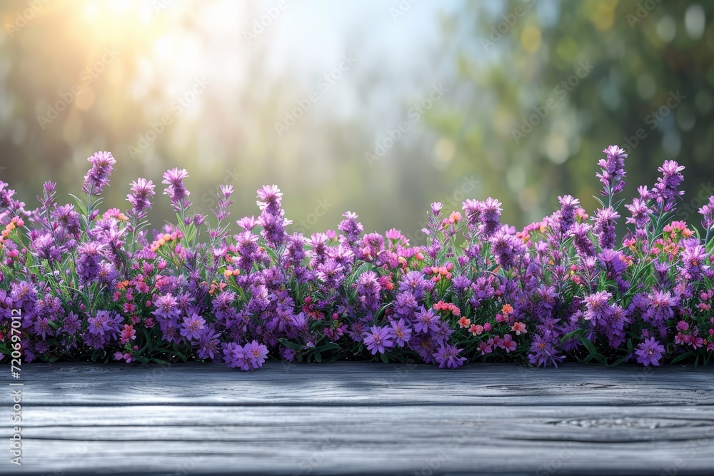 Poster spring colorful flowers garden background with empty   table top in front for product promotion, sunlight soft background