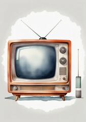 Watercolor Illustration Of A Realistic Retro Tv With A White Screen Isolated On White Background
