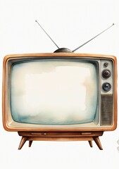 Watercolor Illustration Of A Realistic Retro Tv With A White Screen Isolated On White Background
