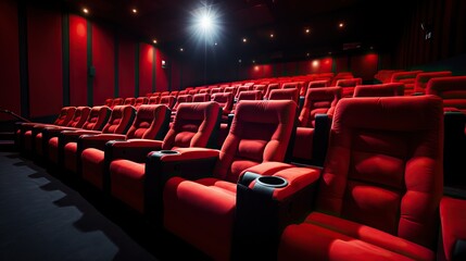 rows of red empty seats in a cinema hall. Modern cinema screen hall - obrazy, fototapety, plakaty