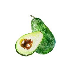 Avocado watercolor, slice and whole. Illustration isolated on a white background. Cards, invitations, food products, cosmetics, labels, packaging.