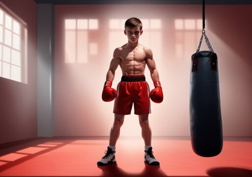 Childrens Illustration Of Dynamic Display Of Young Boxer In The Shadows, Muscular Man Training In Boxing Gym With A Red Floor And A Punching Bag