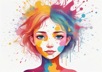 Childrens Illustration Of Mental Health And Creative Abstract Concept. Colorful Illustration Of Happy Womale Head In Paint Splatter Style. Mindfulness And Self Care Idea. White Background. Copy Space.