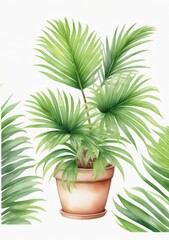 Watercolor Illustration Of A Green Areca House Plant Isolated On White Background